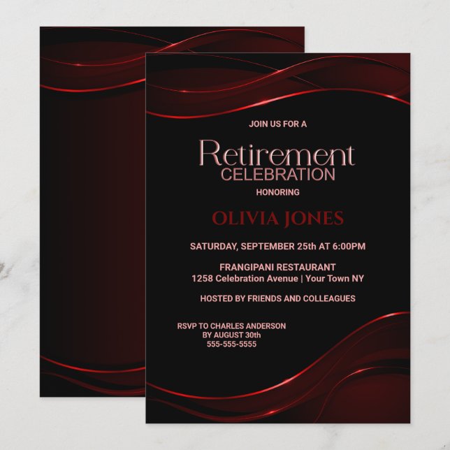 Modern Black Red Retirement Celebration Invitation (Front/Back)