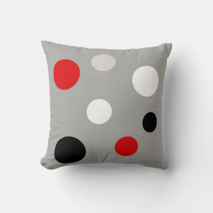 Modern Black Red White Circles on Grey Throw Pillow