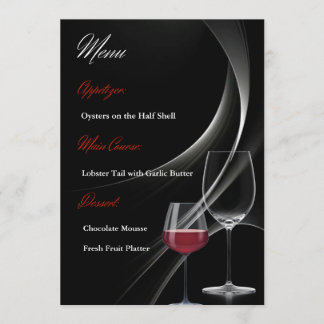 Modern Black & Red Wine Glass Wedding Menu Card
