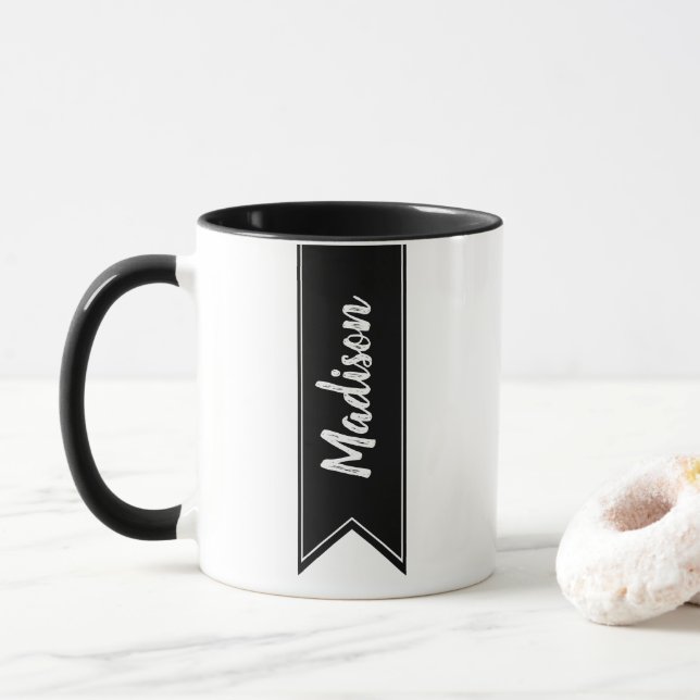 Modern Black Ribbon & Name in Script Mug (With Donut)