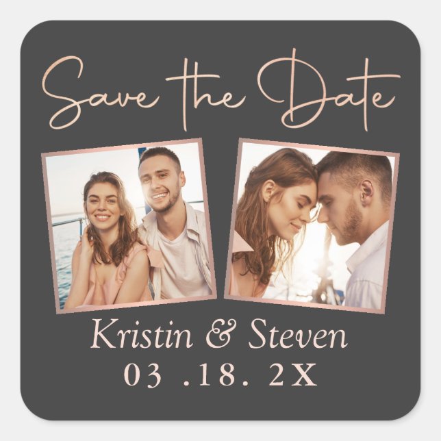 Modern Black Rose Gold 2 Photo Save The Date Square Sticker (Front)