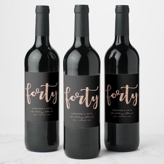 Modern Black Rose Gold 40th Birthday Personalized Wine Label (Bottles)