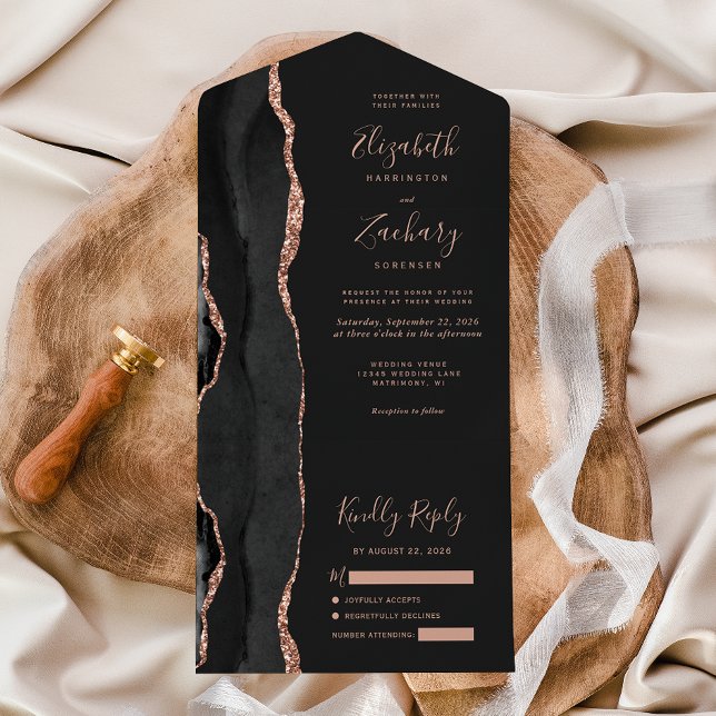 Modern Black Rose Gold Agate Dark Wedding All In One Invitation (Creator Uploaded)