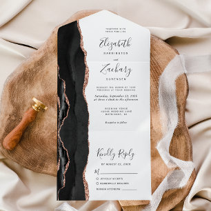 Modern Black Rose Gold Agate Wedding All In One Invitation