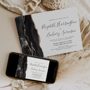 Modern Black Rose Gold Agate Wedding Invitation