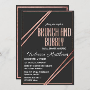 Modern Black Rose Gold Chic Linear Brunch Bubbly Invitation
