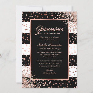 Modern Black Rose Gold Confetti Quinceañera Invitation