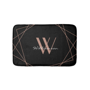 Modern Black Rose Gold Elegant Monogram Script Bath Mat