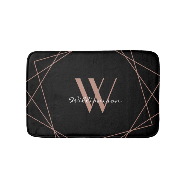 Modern Black Rose Gold Elegant Monogram Script Bath Mat (Front)