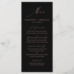 Modern Black Rose Gold Elegant Script Wedding Menu