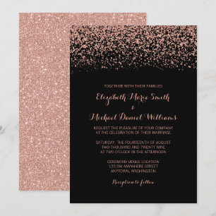 Modern Black Rose Gold Faux Glitter Wedding Invitation