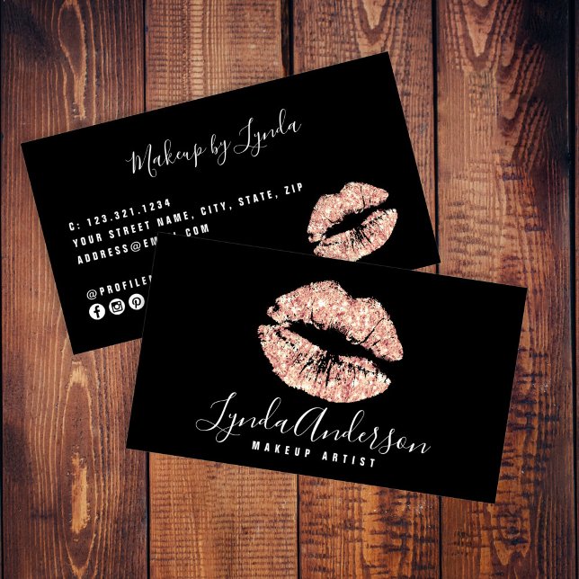 Modern black & rose gold glitter makeup artist business card (Creator Uploaded)
