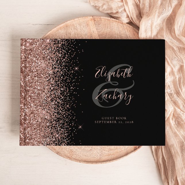 Modern Black Rose Gold Glitter Script Guest Book (Creator Uploaded)