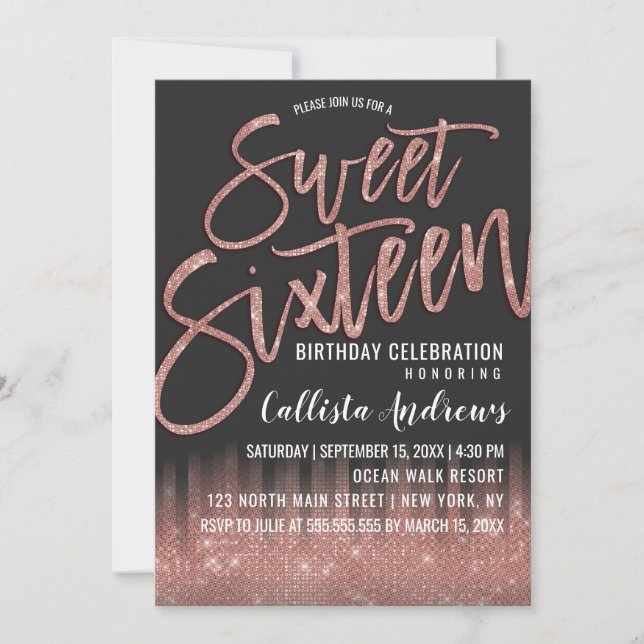 Modern Black Rose Gold Glitter Typography Sweet 16 Invitation (Front)