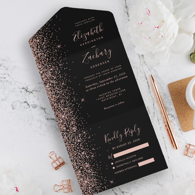 Modern Black Rose Gold Glitter Wedding All In One Invitation (Creator Uploaded)
