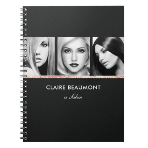Modern Black Rose Gold Sequin Salon 3 Photo Card Notebook