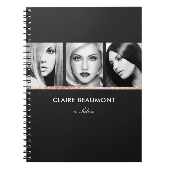 Modern Black Rose Gold Sequin Salon 3 Photo Card Notebook (Front)