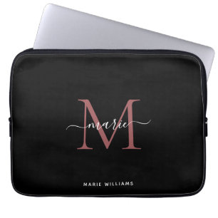 Modern Black Rose Monogram Script Name Initial Laptop Sleeve