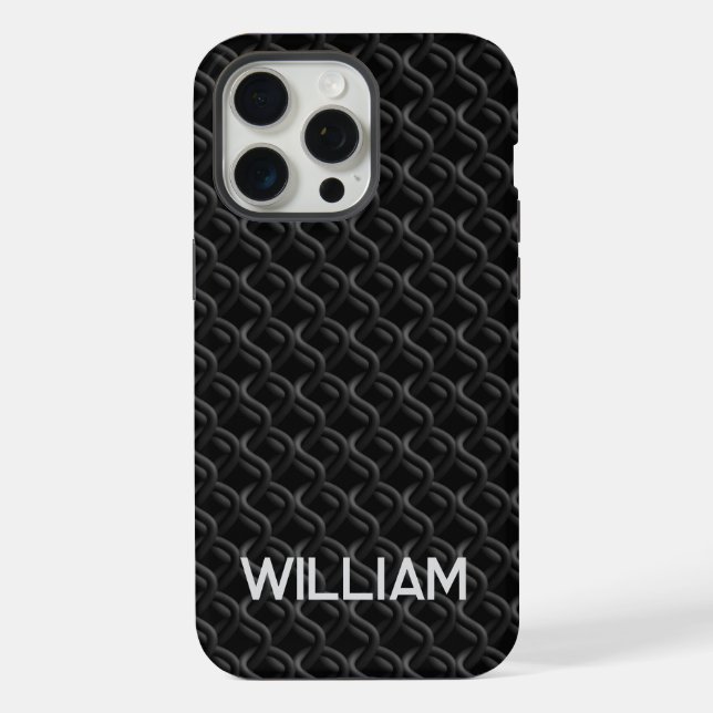 Modern Black Rubber Lattice with Name iPhone Case (Back)
