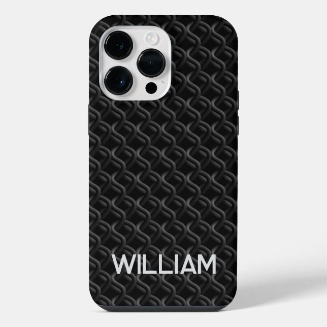 Modern Black Rubber Lattice with Name iPhone Case (Back)