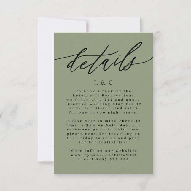 Modern Black & Sage Green Simple Wedding Enclosure RSVP Card (Front)
