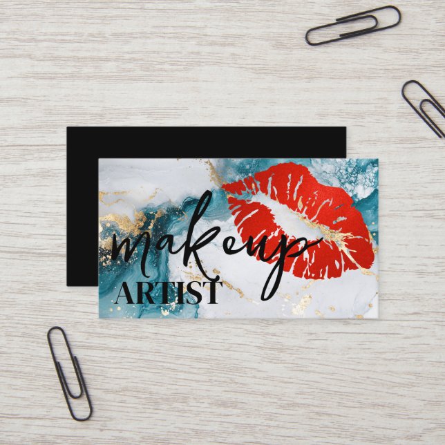 Modern Black Salon Red Lips Makeup Artist Business Card (Front/Back In Situ)