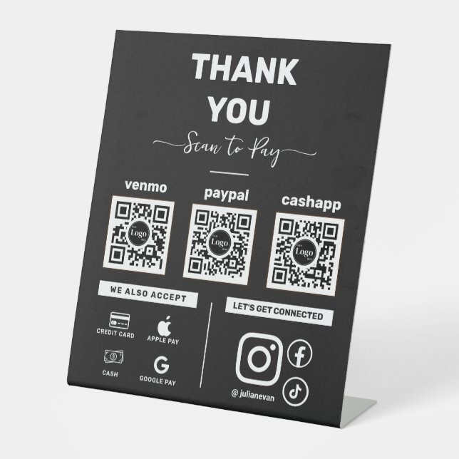 Modern Black Scan to pay 3 QR Codes Thank you Pedestal Sign (Front)
