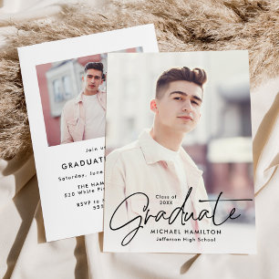 Modern Black Script 2 Photo Graduation Party Invitation