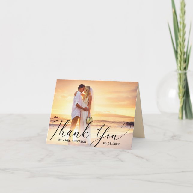 Modern Black Script 2 Photo Wedding Thank You Card (Front)