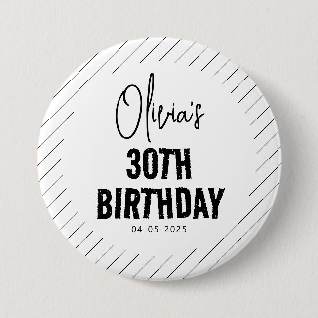 Modern Black Script 30th Birthday Chic & Minimalis 3 Inch Round Button (Front)