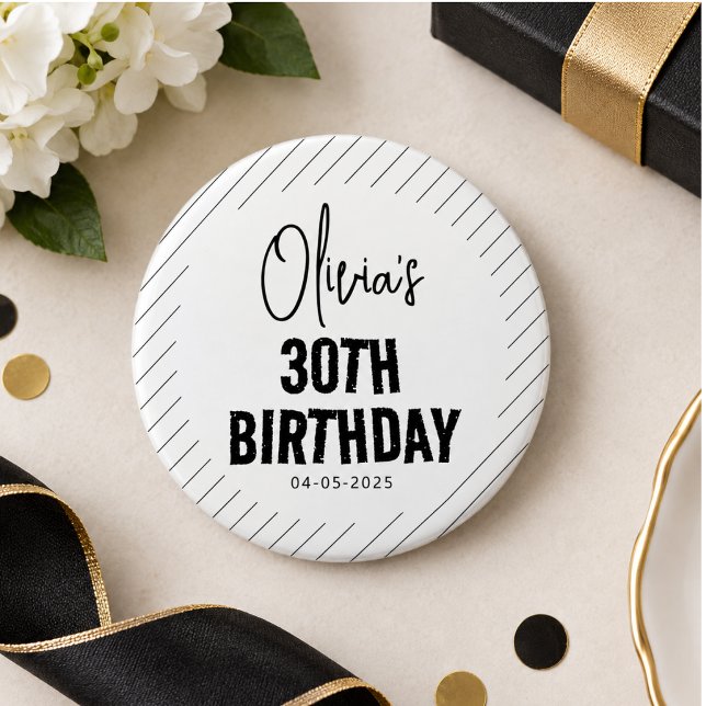 Modern Black Script 30th Birthday Chic & Minimalis 3 Inch Round Button (Modern Black Script 30th Birthday Chic & Minimalis Button)