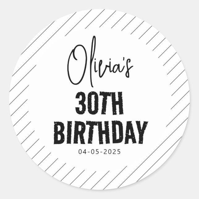 Modern Black Script 30th Birthday Chic & Minimalis Classic Round Sticker (Front)