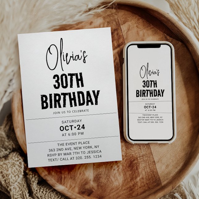 Modern Black Script 30th Birthday Chic & Minimalis Invitation (Creator Uploaded)