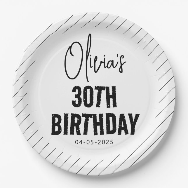 Modern Black Script 30th Birthday Chic & Minimalis Paper Plate (Front)