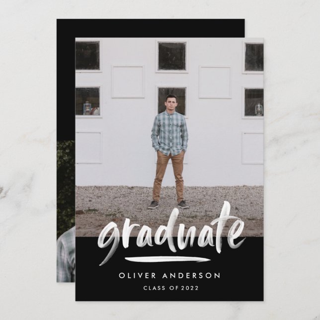 Modern black script 3 photo stylish graduation invitation (Front/Back)