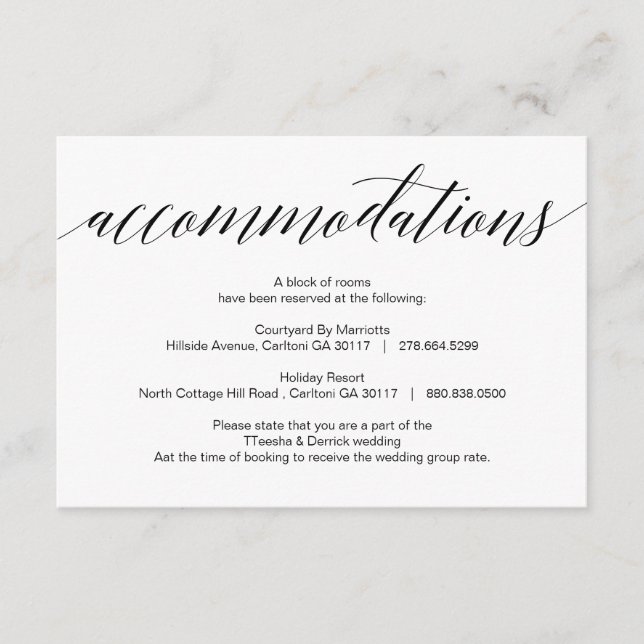 Modern Black Script, Accommodations, hotels Enclosure Card (Front)