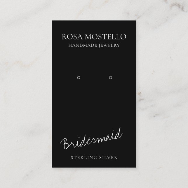 Modern Black Script Bridesmaid Earring Display Business Card (Back)