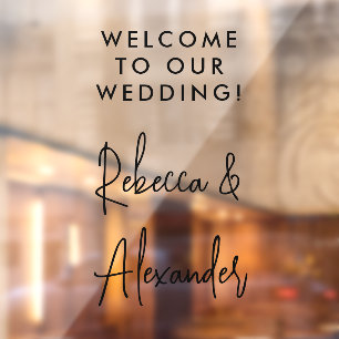 Modern Black Script Couples Names Wedding Welcome Window Cling
