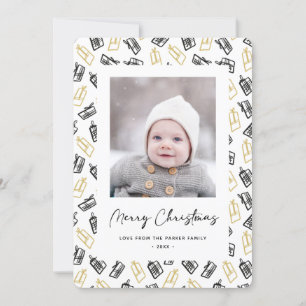 Modern Black Script Cute Gold Black Gifts Pattern Holiday Card