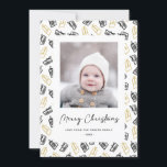 Modern Black Script Cute Gold Black Gifts Pattern  Holiday Card<br><div class="desc">Send customizable and personalized holiday greetings to friends, colleagues and family in simple, minimalist, elegant, fun, festive and modern photo cards! A beautiful frame of variety of gold and black Christmas gifts and presents wrapped with ribbons surrounds your photo. The greeting " Merry Christmas " is written in elegant calligraphy,...</div>