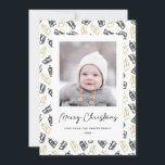 Modern Black Script Cute Gold Black Gifts Pattern  Holiday Card<br><div class="desc">Send customizable and personalized holiday greetings to friends, colleagues and family in simple, minimalist, elegant, fun, festive and modern photo cards! A beautiful frame of variety of gold and black Christmas gifts and presents wrapped with ribbons surrounds your photo. The greeting " Merry Christmas " is written in elegant calligraphy,...</div>