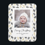 Modern Black Script Cute Gold Black Gifts Pattern  Magnet<br><div class="desc">Send customizable and personalized holiday greetings to friends, colleagues and family in simple, minimalist, elegant, fun, festive and modern photo magnet! A beautiful frame of variety of gold and black Christmas gifts and presents wrapped with ribbons surrounds your photo. The greeting " Merry Christmas " is written in elegant calligraphy,...</div>