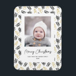 Modern Black Script Cute Gold Black Gifts Pattern  Magnet<br><div class="desc">Send customizable and personalized holiday greetings to friends, colleagues and family in simple, minimalist, elegant, fun, festive and modern photo magnet! A beautiful frame of variety of gold and black Christmas gifts and presents wrapped with ribbons surrounds your photo. The greeting " Merry Christmas " is written in elegant calligraphy,...</div>