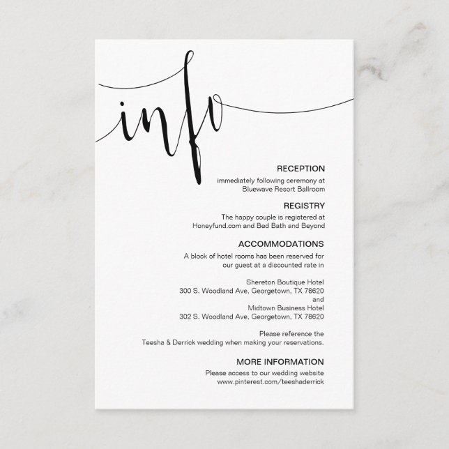 Modern Black Script, Editable Wedding Details Enclosure Card (Front)