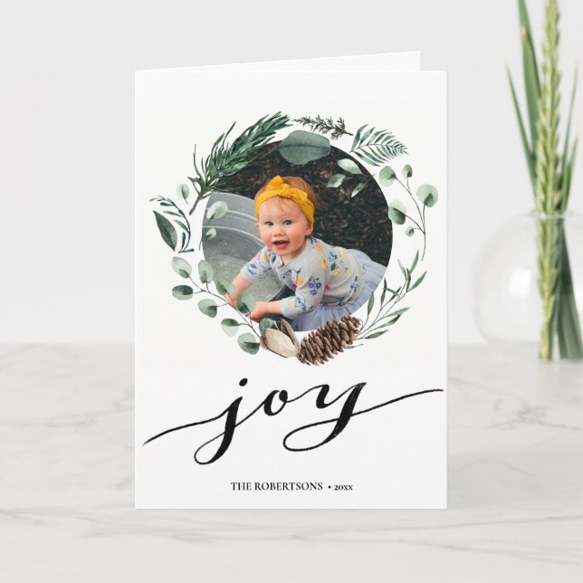 Modern Black Script Elegant Eucalyptus Foliage Holiday Card (Front)