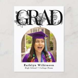 Modern Black Script Floral Graduation Invitation Postcard