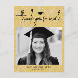 Modern Black Script Gold Glitter GRAD Thank You Postcard