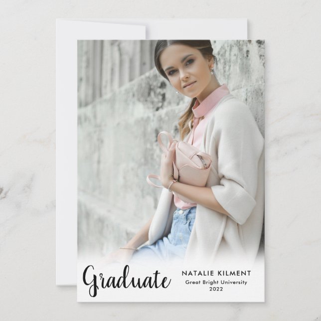 Modern Black Script Graduate Photo Graduation Announcement (Front)