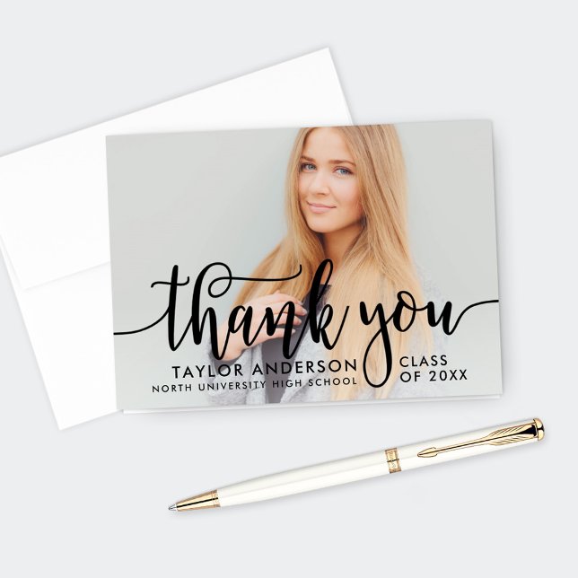 Modern Black Script Graduation Photo Thank You Card (Creator Uploaded)