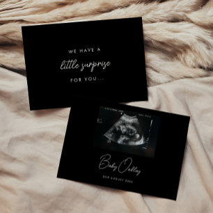 Modern Black Script "Little Surprise" Pregnancy Announcement
